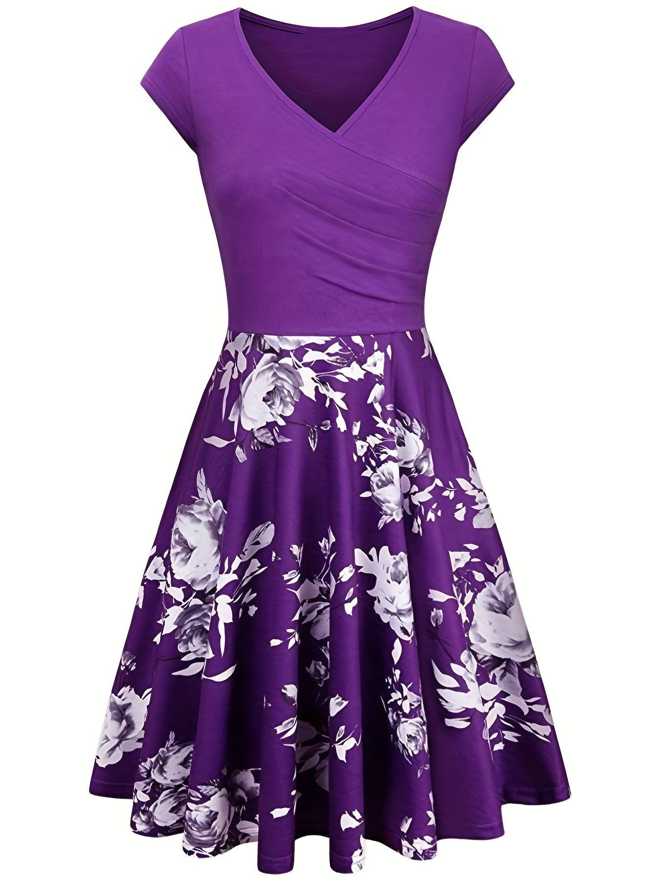 Floral Print V Neck Dress, Elegant Short Sleeve Dress For Spring & Summer, Women's Clothing