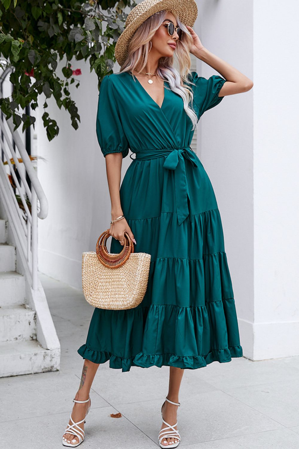 Surplice Neck Tie Waist Tiered Midi Dress