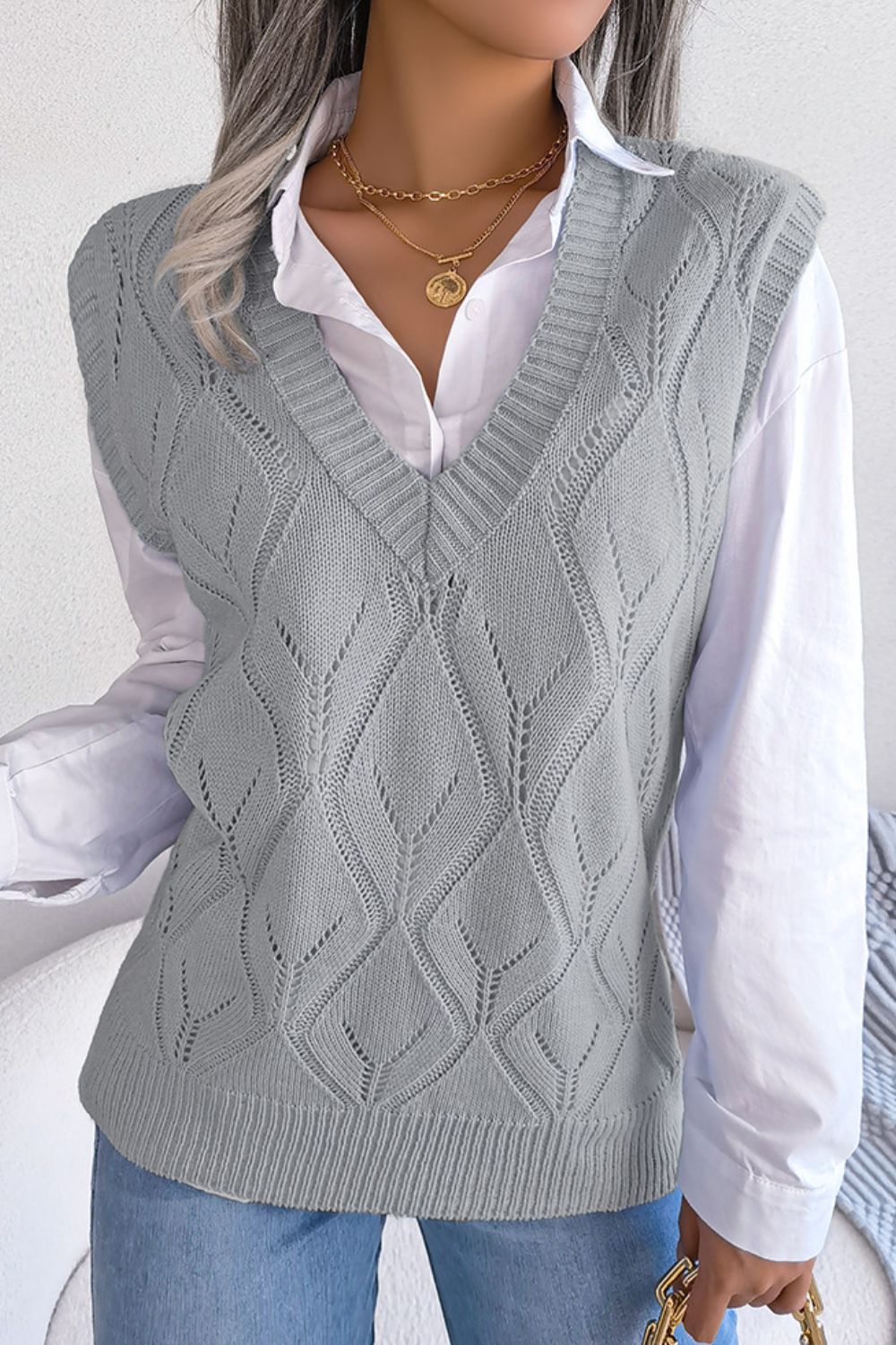 Openwork Ribbed Trim Sweater Vest