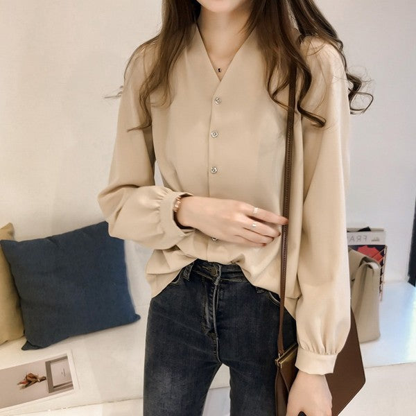 autumn new women's clothing simple temperament solid color chiffon shirt women's long-sleeved top loose Korean style shirt