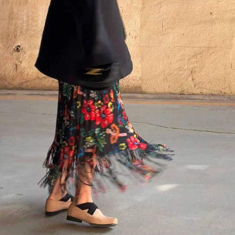 Style High-End Fashion Tassel Skirt Women's Summer New Slim Fit Waist-Controlled Slim Pleated Printed Skirt Women