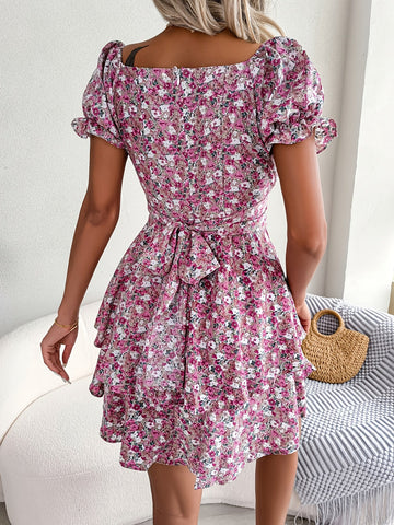 Bohemia Floral Print Dress, Puff Short Sleeve Square Neck Ruffle Hem Vacation Dress, Women's Clothing