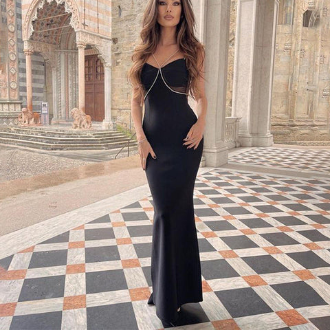 Spring And Summer New French Bandage Evening Dress Diamond Chain Sling High-End Slim Bag Hip Mopping Pure Desire Dress