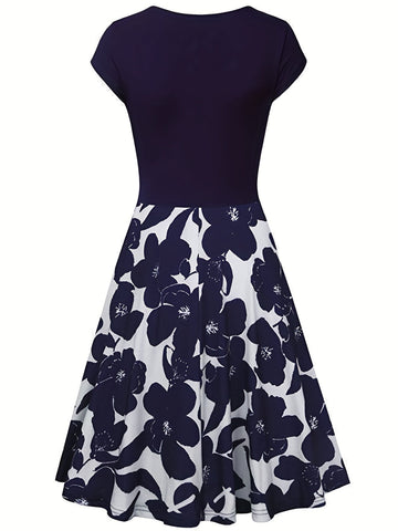 Floral Print V Neck Dress, Elegant Short Sleeve Dress For Spring & Summer, Women's Clothing