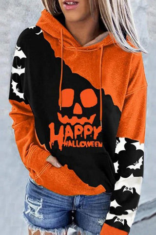 Pbong - Orange Casual Skull Head Print Patchwork Hooded Collar Tops