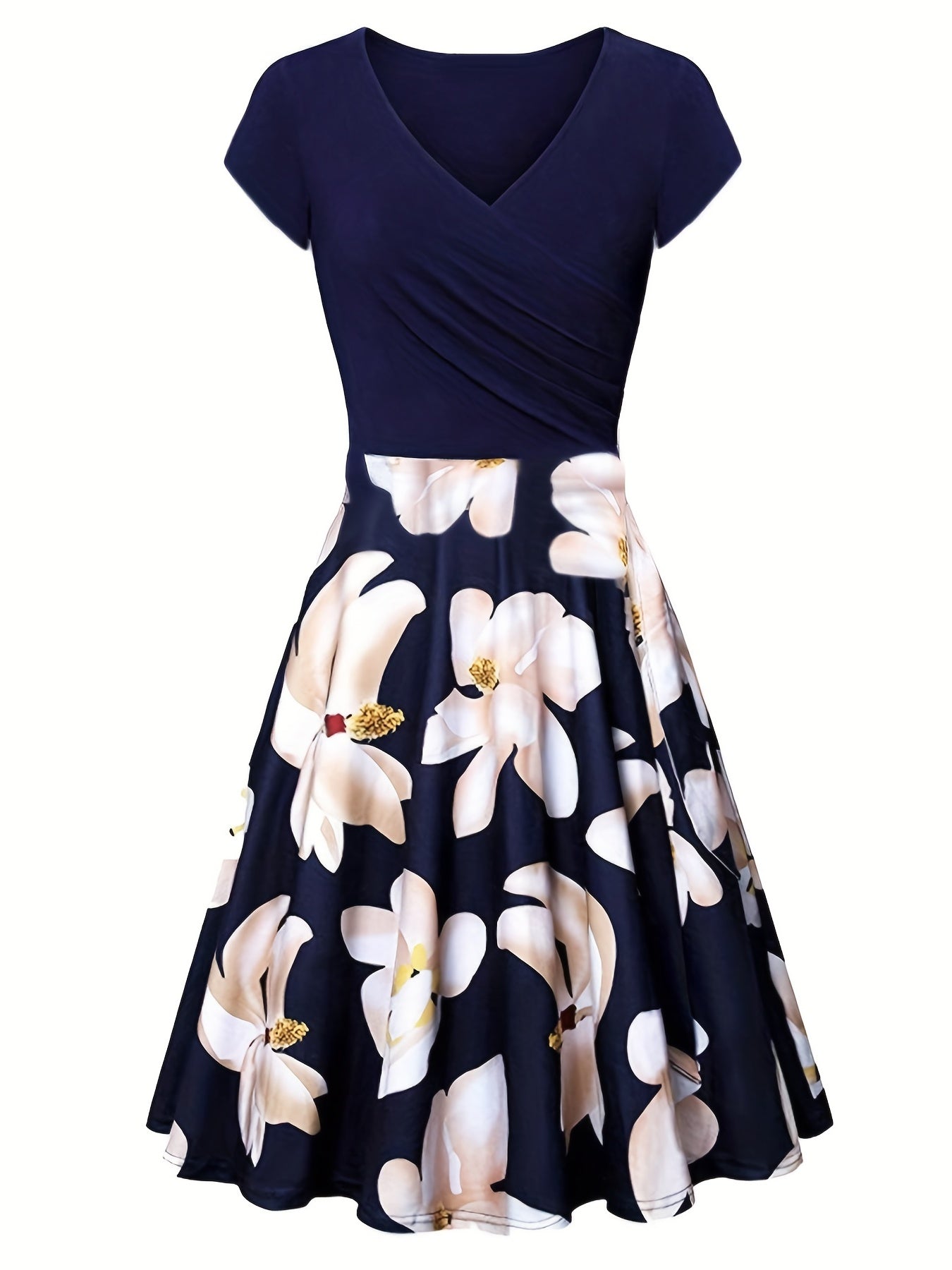 Floral Print V Neck Dress, Elegant Short Sleeve Dress For Spring & Summer, Women's Clothing