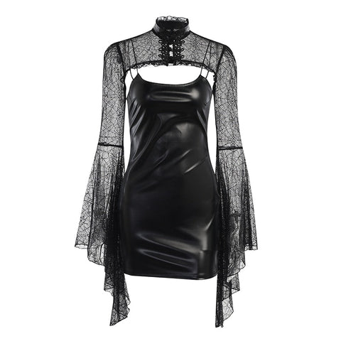 Gothic Punk Balck Faux Leather 2Pcs Dress Vintage Flare Sleeve Crop Tops Women Sexy Backless Bodycon Nightclub Dresses