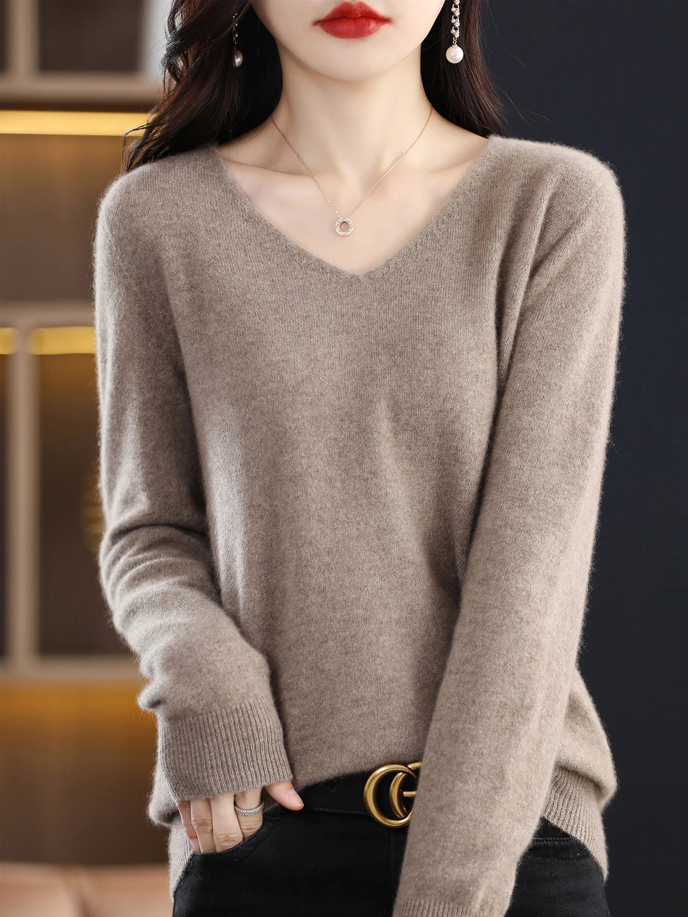 Sweater for Women 100% Merino Wool V Neck Sweater Fall Winter Basic Warm Pullovers Long Sleeve Knit Jumpers Female Clothing