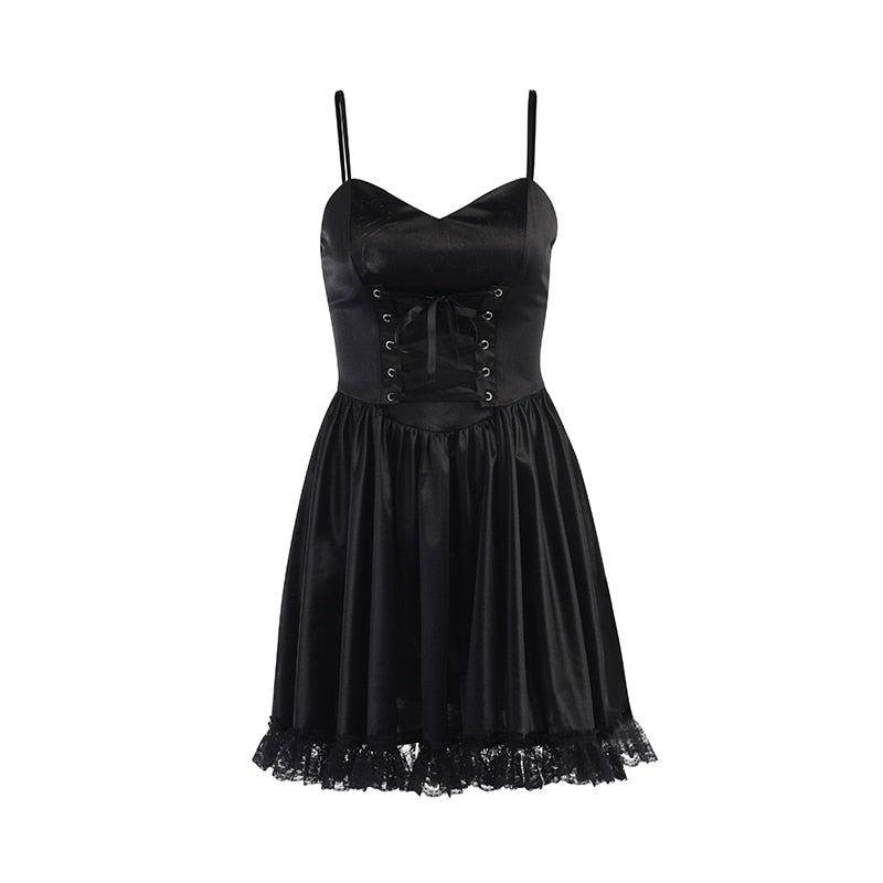 Gothic Sexy Black V Neck Lace Up Dress Y2K Aesthetic Grunge Punk High Waist Lace Trim Corset Dresses Ladies Party Dress