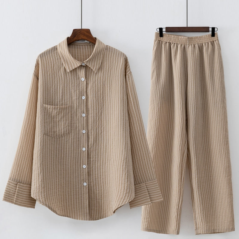 Women Casual Summer Striped Blouse Pant Clothing Sets Pink Khaki Black