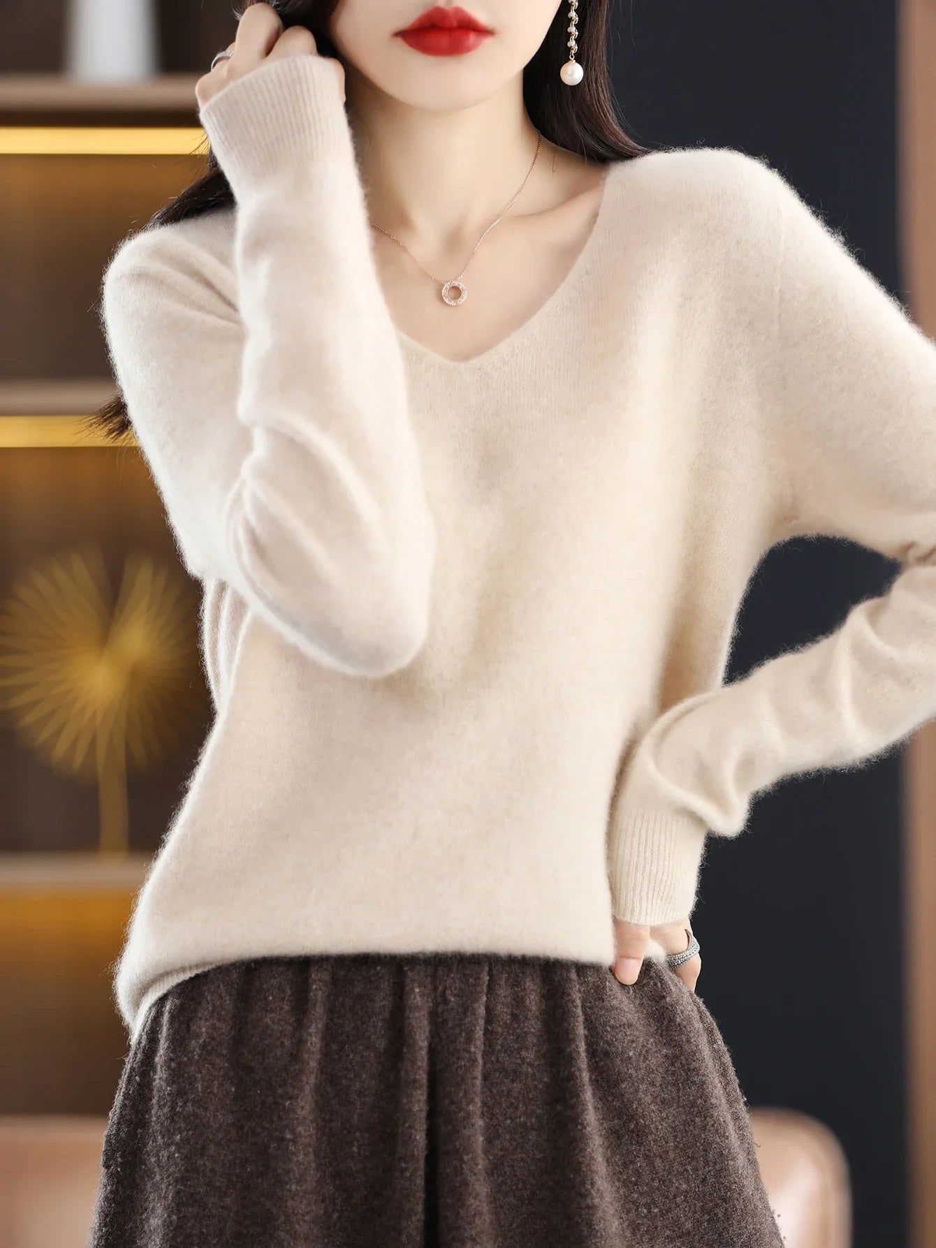 Sweater for Women 100% Merino Wool V Neck Sweater Fall Winter Basic Warm Pullovers Long Sleeve Knit Jumpers Female Clothing