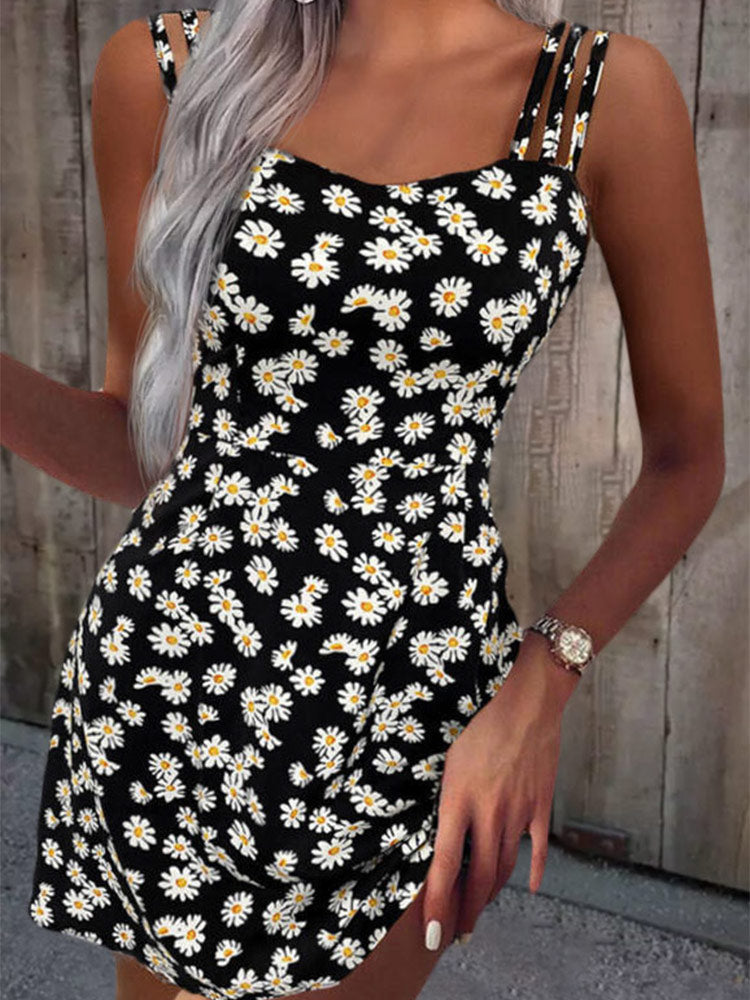 Women Summer Mini Dresses Vintage Floral Little Daisy Print Boho Beach Dress Sexy Sleeveless Sling A Line Loose Dress