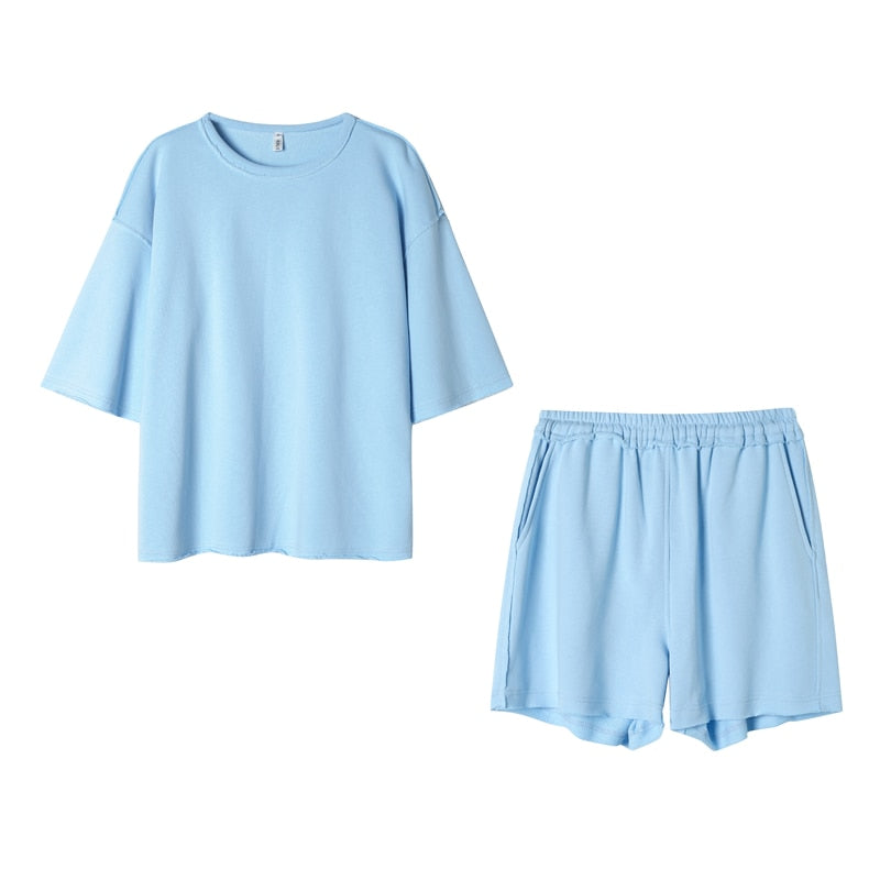 Women Casual Cotton T shirt Short Sets Women Two pcs sets