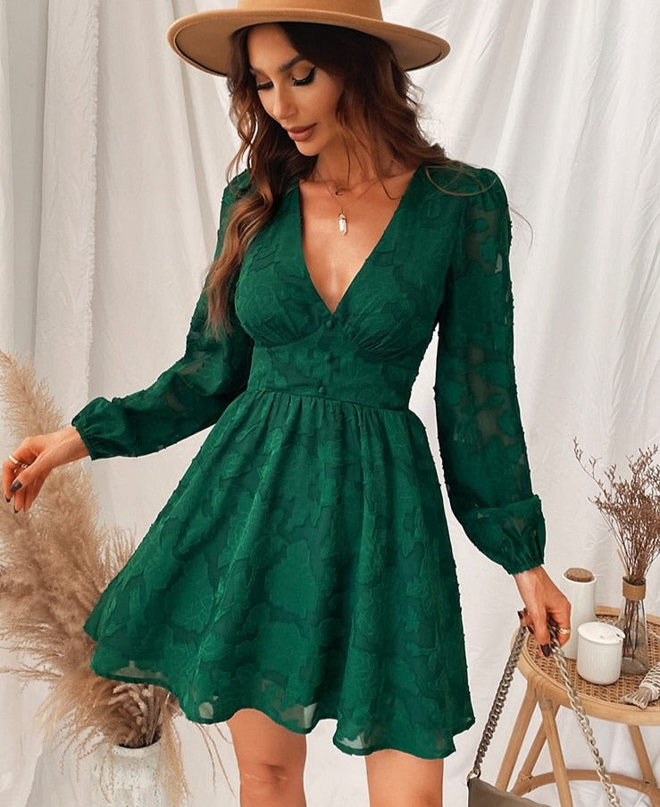 Plunge A-Line Mini Dress Woman Green Sexy Long Sleeve Party Dress Spring Autumn Female Sundress