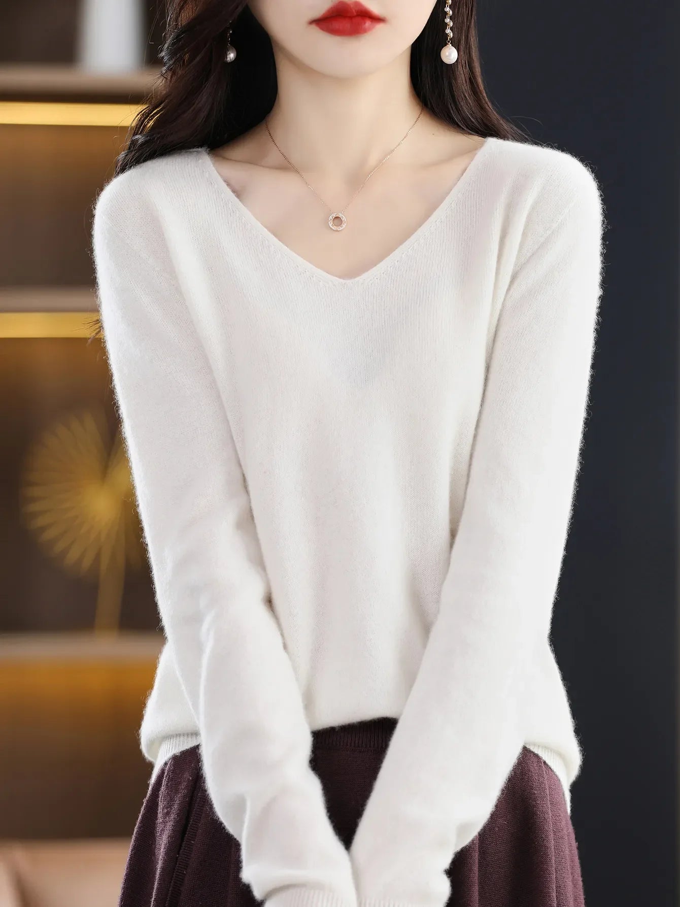 Sweater for Women 100% Merino Wool V Neck Sweater Fall Winter Basic Warm Pullovers Long Sleeve Knit Jumpers Female Clothing