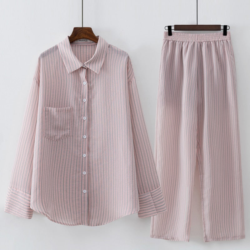 Women Casual Summer Striped Blouse Pant Clothing Sets Pink Khaki Black