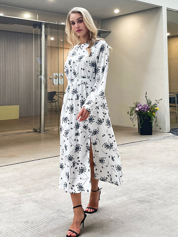 Summer New Design Women Floral print Split Long Sleeved Maxi Dress