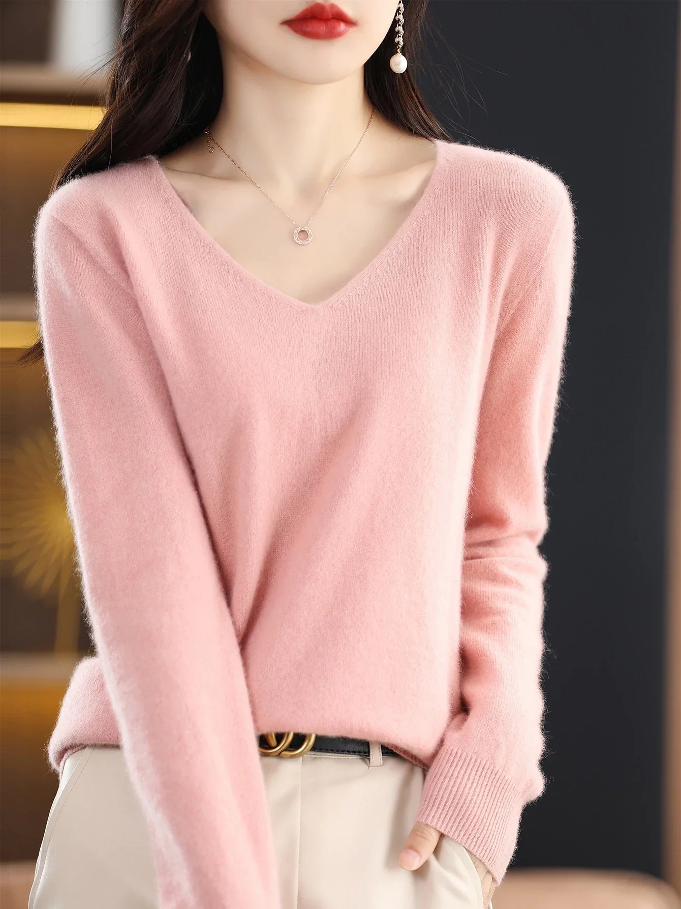 Sweater for Women 100% Merino Wool V Neck Sweater Fall Winter Basic Warm Pullovers Long Sleeve Knit Jumpers Female Clothing