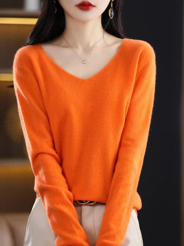 Sweater for Women 100% Merino Wool V Neck Sweater Fall Winter Basic Warm Pullovers Long Sleeve Knit Jumpers Female Clothing