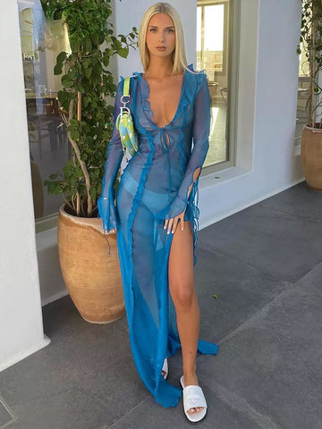 Summer Beach Dress Women Elegant Bandage Ruffles Slim Maxi Dress New Sexy Blue Long Sleeve Evening Party Dress Club Outfits