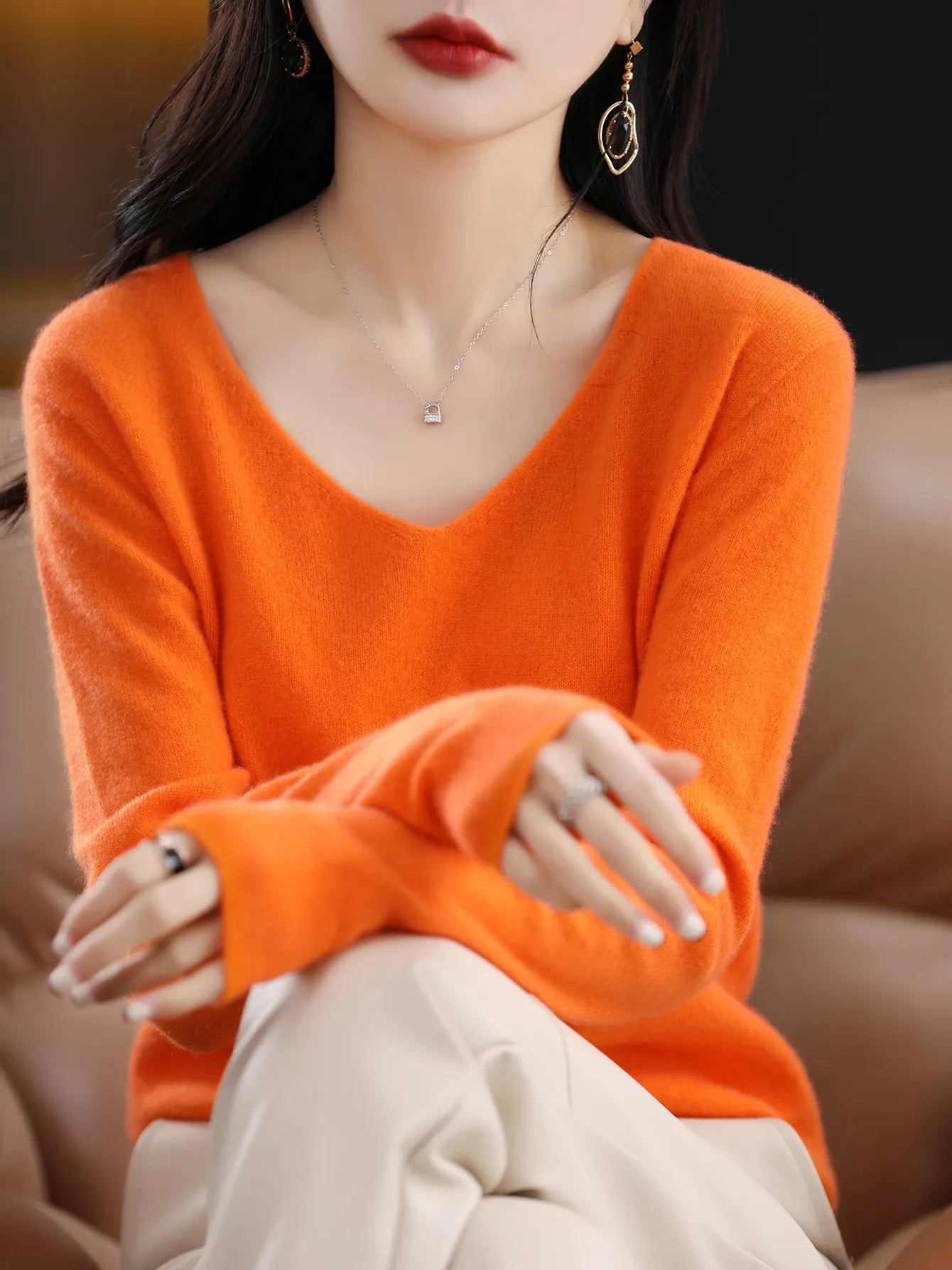 Sweater for Women 100% Merino Wool V Neck Sweater Fall Winter Basic Warm Pullovers Long Sleeve Knit Jumpers Female Clothing