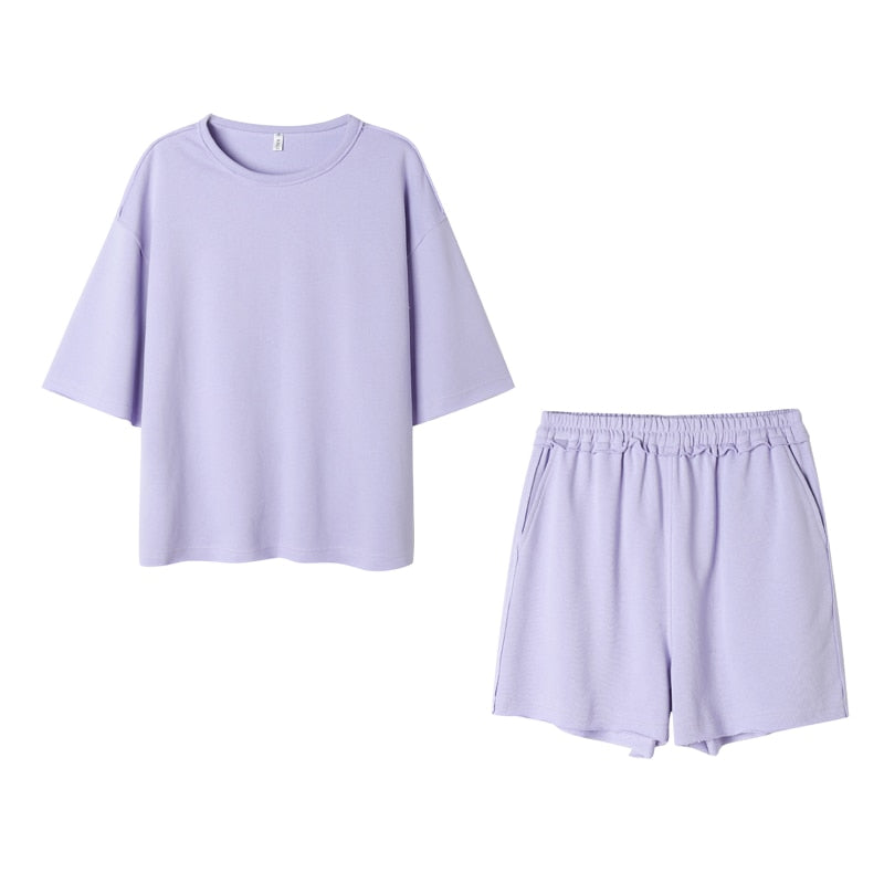 Women Casual Cotton T shirt Short Sets Women Two pcs sets