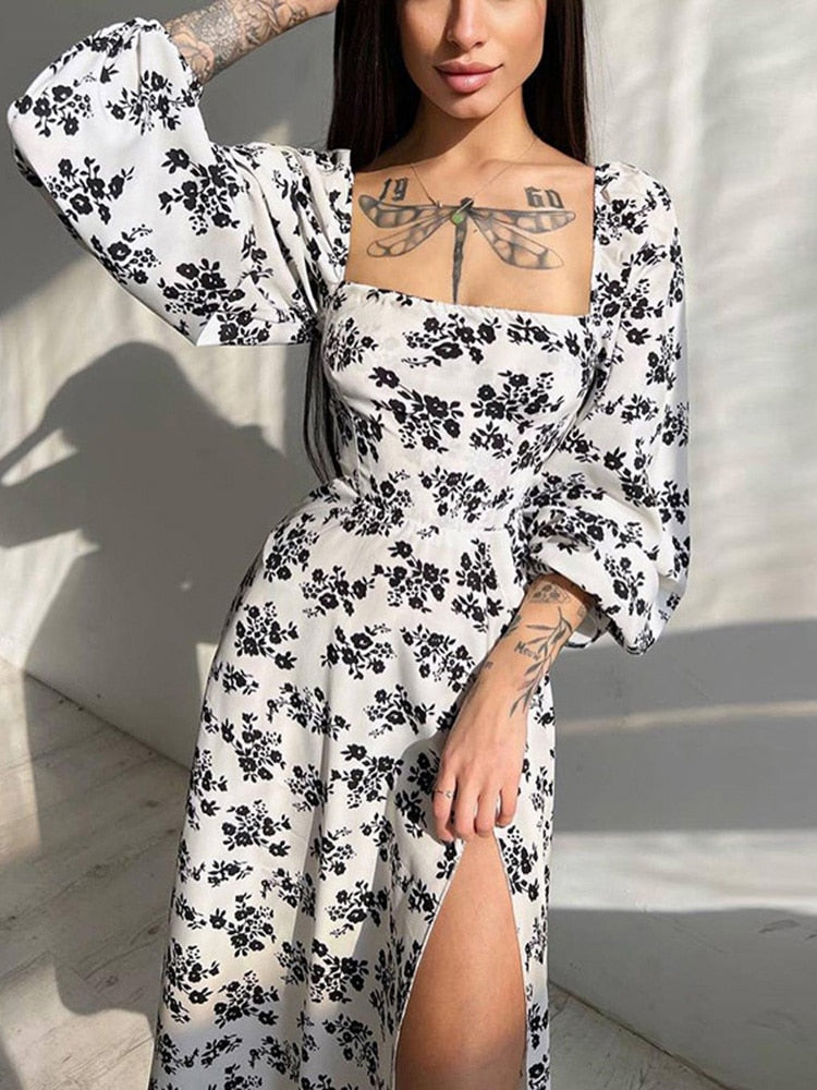 Floral Print Backless Midi Dress Women  Sleeve Lantern Sleeve High Split Lady Elegant Square Collar Casual Long Dress