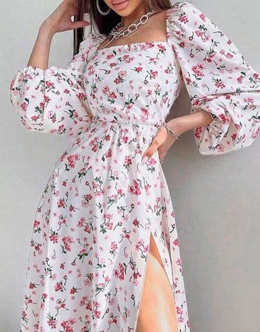 Floral Print Backless Midi Dress Women  Sleeve Lantern Sleeve High Split Lady Elegant Square Collar Casual Long Dress