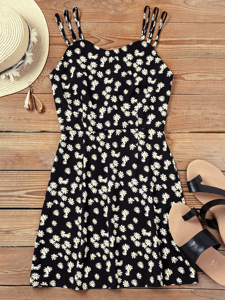 Women Summer Mini Dresses Vintage Floral Little Daisy Print Boho Beach Dress Sexy Sleeveless Sling A Line Loose Dress