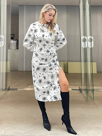 Summer New Design Women Floral print Split Long Sleeved Maxi Dress