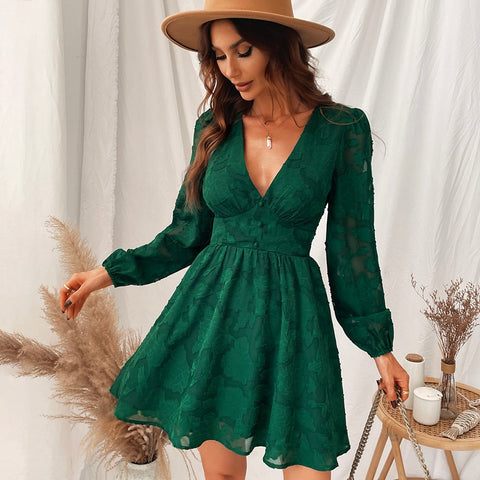 Plunge A-Line Mini Dress Woman Green Sexy Long Sleeve Party Dress Spring Autumn Female Sundress