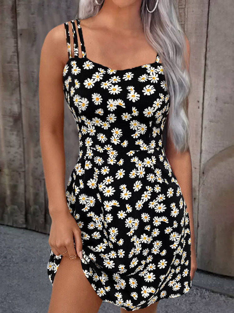 Women Summer Mini Dresses Vintage Floral Little Daisy Print Boho Beach Dress Sexy Sleeveless Sling A Line Loose Dress