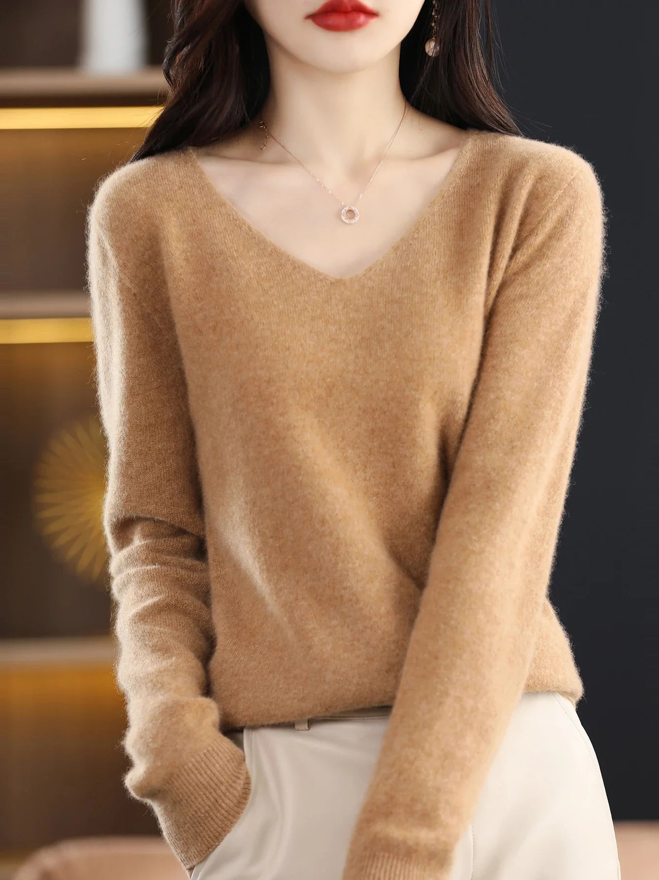 Sweater for Women 100% Merino Wool V Neck Sweater Fall Winter Basic Warm Pullovers Long Sleeve Knit Jumpers Female Clothing