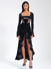 Maeve Black Velvet and Mesh Long Sleeve Maxi Dress
