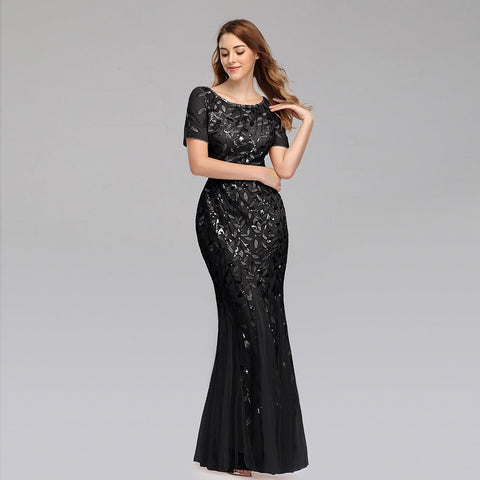 Slim fitting mesh sequin evening dress fishtail dress for women