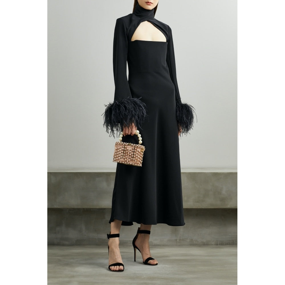 16AR Customized  Women Black Ostrich Feather Trimmed Sleeve Cut-out Black Midi Party Dress High Quality Evening Wedding Dress