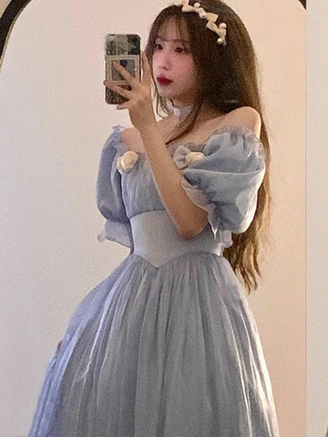 France Mesh Lolita Dress Women Summer Blue White Black Gothic Evening Party Dresses Sweet Korean Princess Fairy Dress