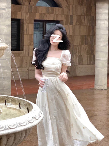 French Vintage White Midi Dress Women Basic Sleeveless Elegant Party Dress Beach Pure Color One Piece Dress Korean Summer
