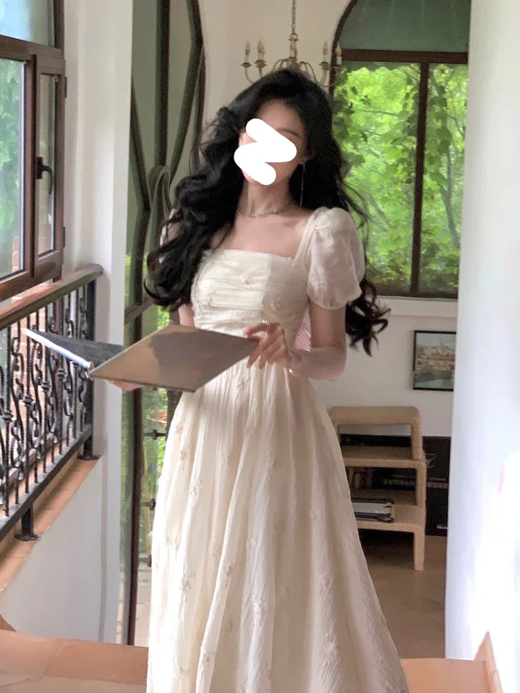 French Vintage White Midi Dress Women Basic Sleeveless Elegant Party Dress Beach Pure Color One Piece Dress Korean Summer