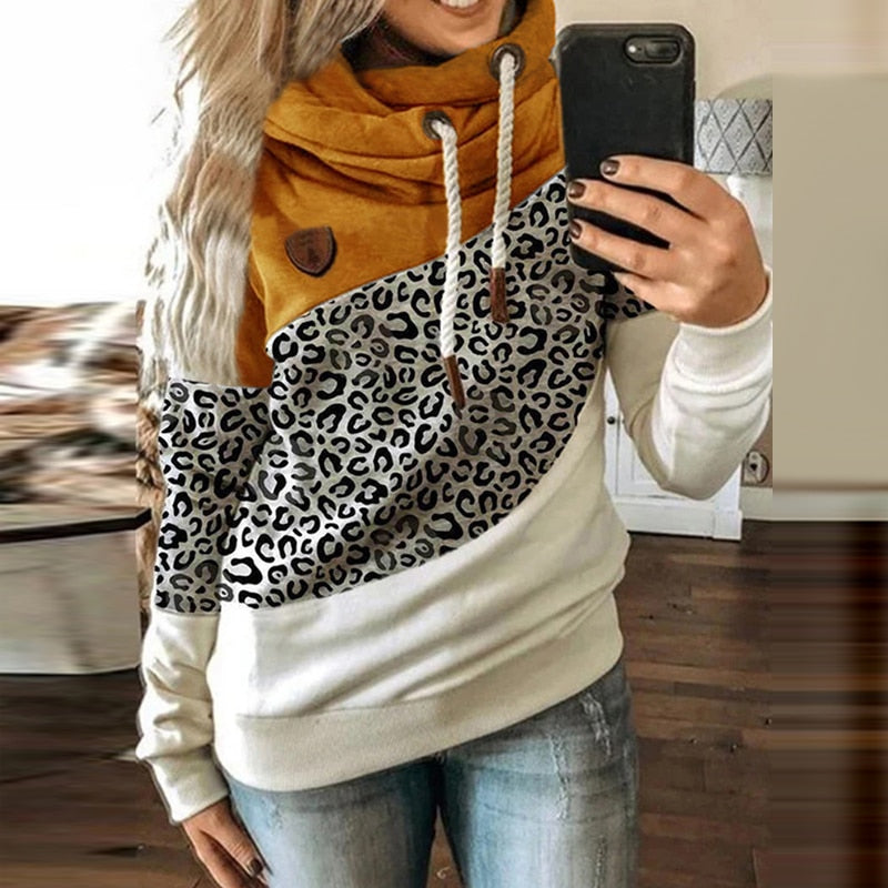 Women Patchwork Hooded Sweatshirt Autumn Winter Leopard Print Harajuku Drawstring Hoodie Casual Long Sleeve Pullover Tops Female