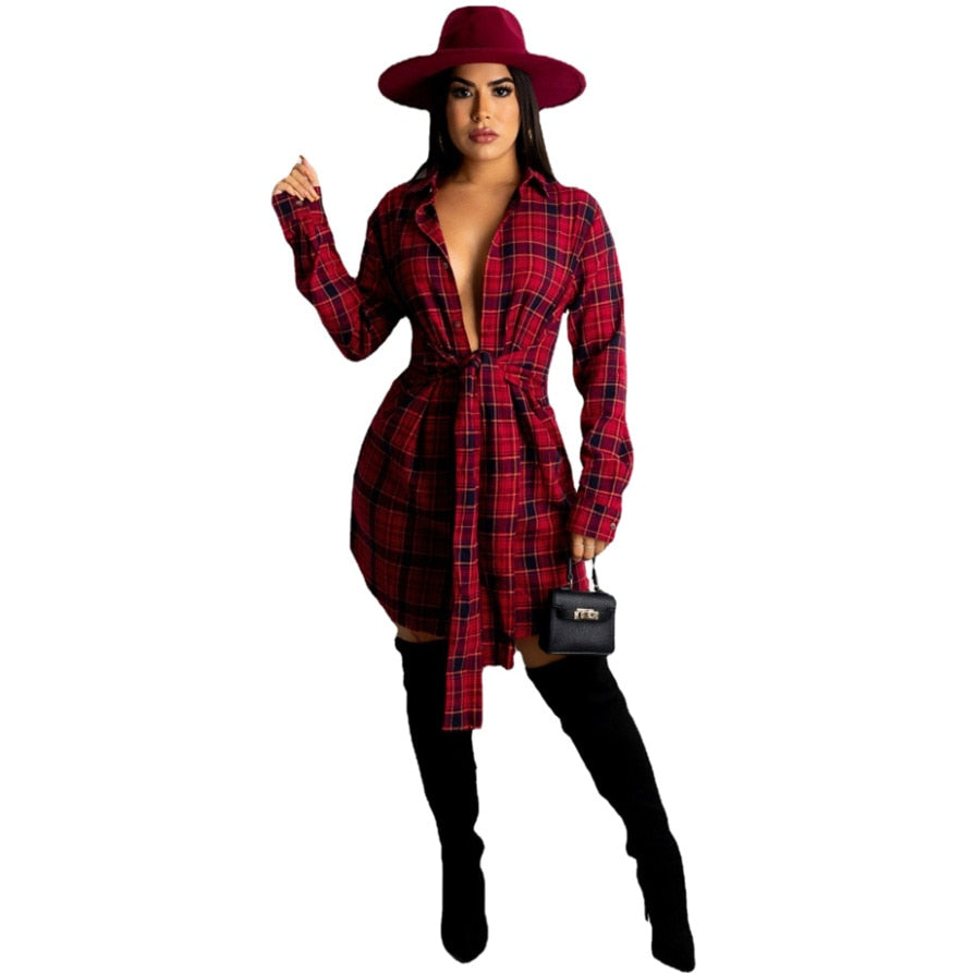 Fashion Plaid Print Button Up Long Sleeve Shirt Dress Fall Clothes for Women Sexy Casual Short Dresses