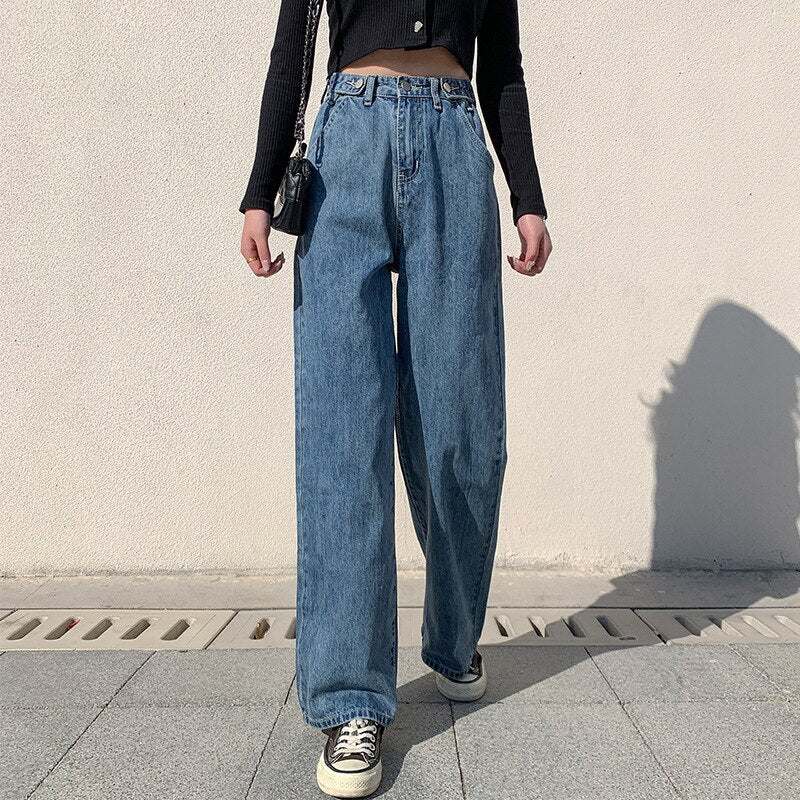 Fashion ladies jeans high waist three-color loose jeans street style high waist jeans wide feet retro high quality pants