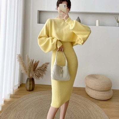 New Fall/Winter Bat Sleeve O-Neck Soft Sweater  + Women's Knitted Vest Long Dress Two-Piece Dress Sets Femme