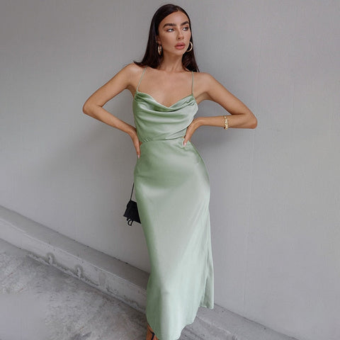 Fashion Backless Satin Slim Maxi Dresses Women New Casual Sleeveless Bandage Dress Female Sexy Party Wear Vestidos