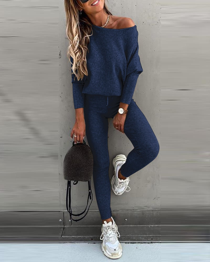 Ladies Long sleeve 2 Pieces Sets Women Fashion Solid Outfits Spring Autumn Sets Slash Neck Suits Streetwear Joggers Tracksuit