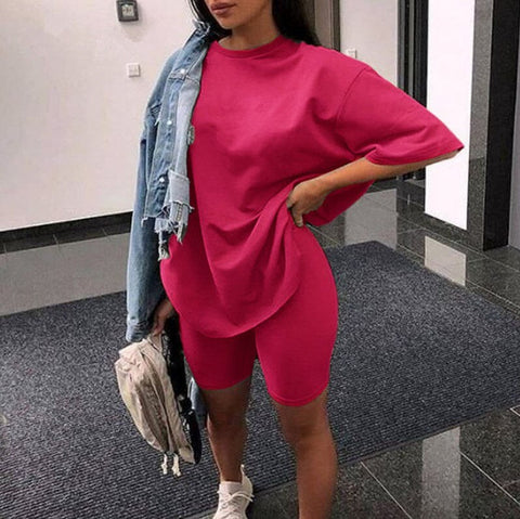 New Casual Solid Women's Two Piece Suit with Belt Solid Color Home Loose Sports Fashion Leisure Suit Summer Clothing