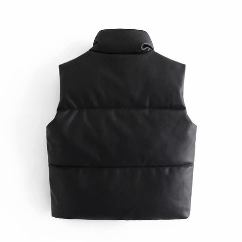 Women  Fashion Leather Cotton Pocket Padded Waistcoat Vintage Sleeveless Female Outerwear Streetwear