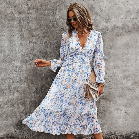 Sexy V Neck Floral Dress Ladies Butterfly Sleeve High Waist Casual Print Dresses For Women Summer Chiffon Dress