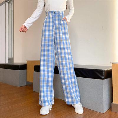 Simple Vintage Plaid Causal Long Women Pants Street Fashion Straight Wide Leg Pant