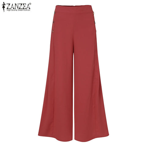 Pbong Women's Fashion Autumn Pants Vintage Elastic Waist Trousers ZANZEA Casual Wide Leg Pants Female Solid Button Bottoms